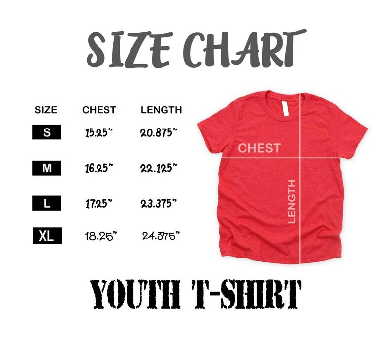 The image is a size chart for a red youth t-shirt, providing measurements for chest, length, and waist.
