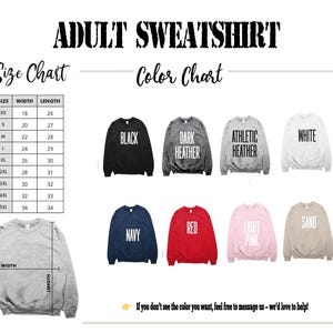 The image is an adult sweatshirt size chart and color chart, displaying various color options and corresponding sizes for the sweatshirt.