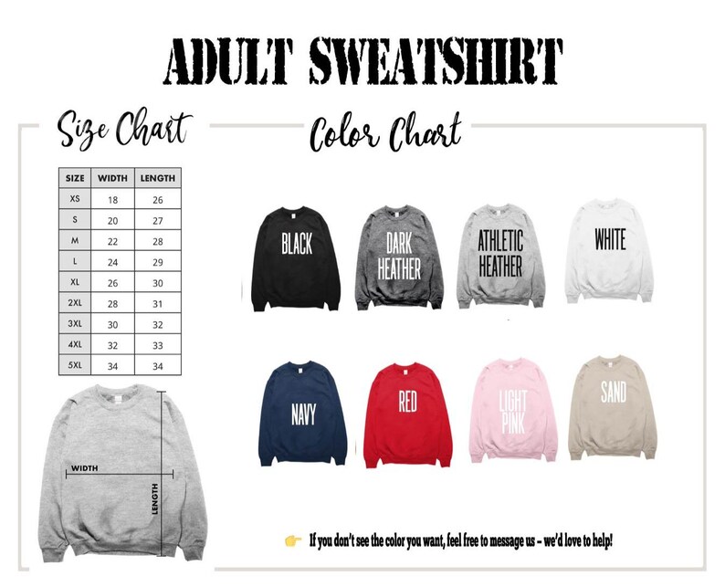 The image is an adult sweatshirt size chart and color chart, displaying various color options and corresponding sizes for the sweatshirt.
