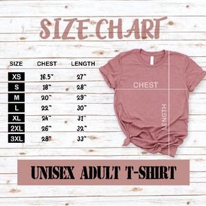 a size chart for a pink t-shirt, along with a unisex adult t-shirt. The chart provides measurements for chest, length, and waist, and the t-shirt is shown in a folded state.
