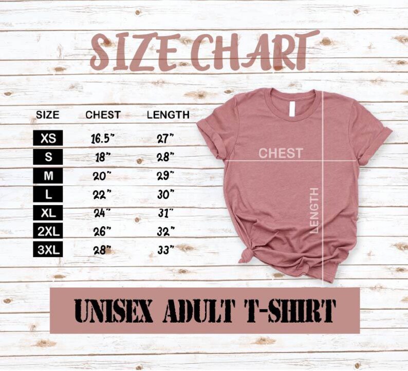 a size chart for a pink t-shirt, along with a unisex adult t-shirt. The chart provides measurements for chest, length, and waist, and the t-shirt is shown in a folded state.