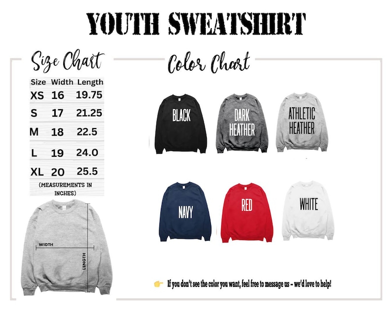 The image is a size chart and color chart for a youth sweatshirt, providing measurements and color options for different sizes.