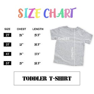 The image is a size chart for a gray t-shirt, with measurements for different age groups, including 2T, 3T, 4T, and 5T. The chart also includes a picture of a gray t-shirt and the text "TODDLER T-SHIRT".