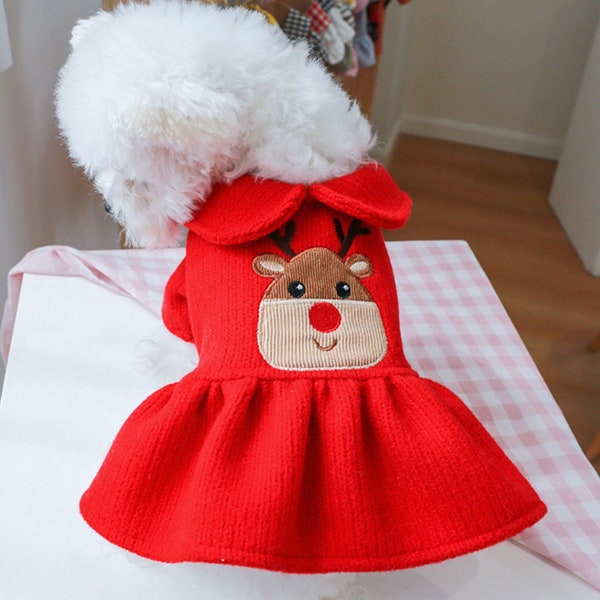 Christmas Pet Red Sweater Dress. Reindeer Sweater for Dogs & Cats. Pet Outfits for Pet Holiday. Perfect pet sweater gift. Xmas Pet Clothing