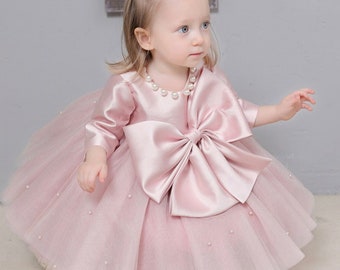 Pink Pearl Bow Dress for Girls, Wedding Birthday Parties Outfit for Kids,Baby Girls Photoshop Outfits, Baby Toddler Princess dress,Baby Gift