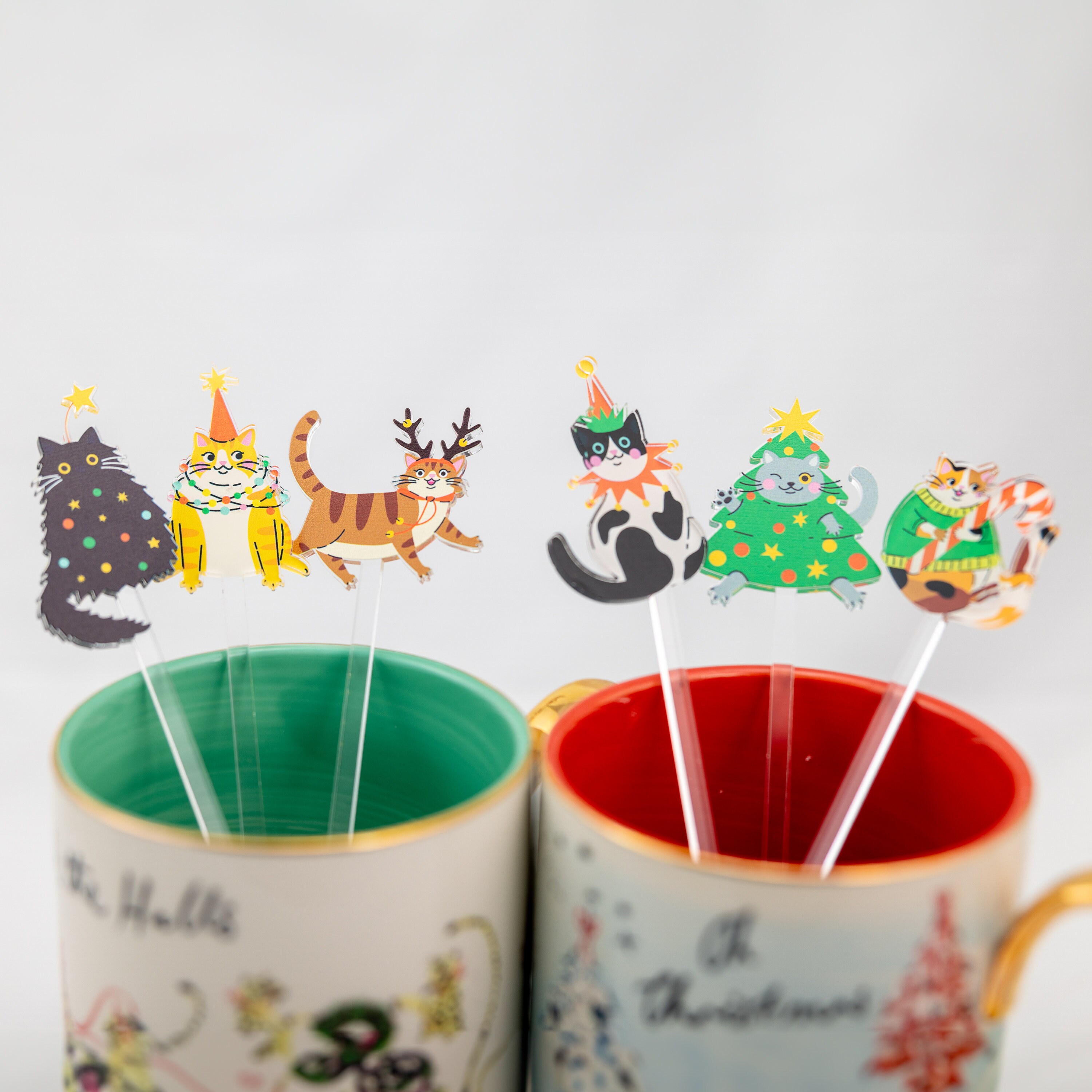 Christmas Cat Cocktail Sticks, Cat Christmas Decorations- Acrylic Whisk Straws for Coffee,Milk,Cocoa,Party Drinks, Cat Mom Gifts