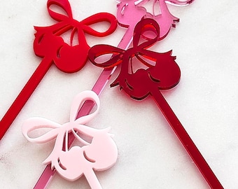 Galentine’s Cocktail Stirrers | Bow Cherry Cocktail Stir Sticks | Galentine’s Brunch Décor | Valentine’s Party Decorations | Bar Accessories