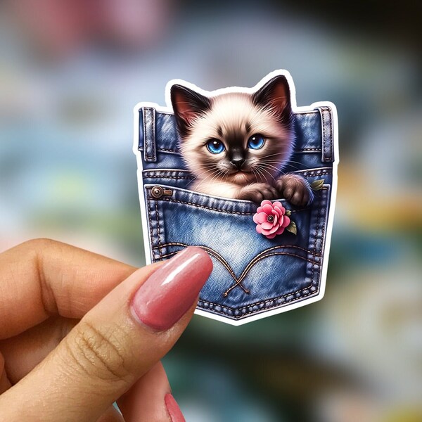 Cat Sticker Cute Siamese Kitten art with flower in pocket. Gift for water bottle tumbler notebook mug. Waterproof scratch resistant Die Cut