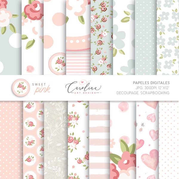 Papiers numériques, ROSE, liberty, bleu clair, design, découpage, scrapbooking, pois, fleurs, lignes, fond, invitations, cartes, décoration