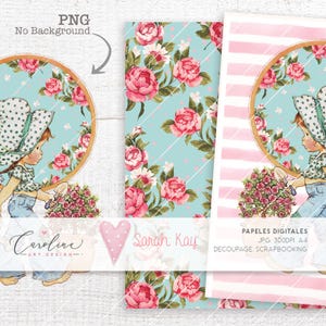 SARAH KAY Digital Paper Girls Shabby Chic Decoupage Scrapbooking Pink Watercolour Flowers baby Girl Decoration
