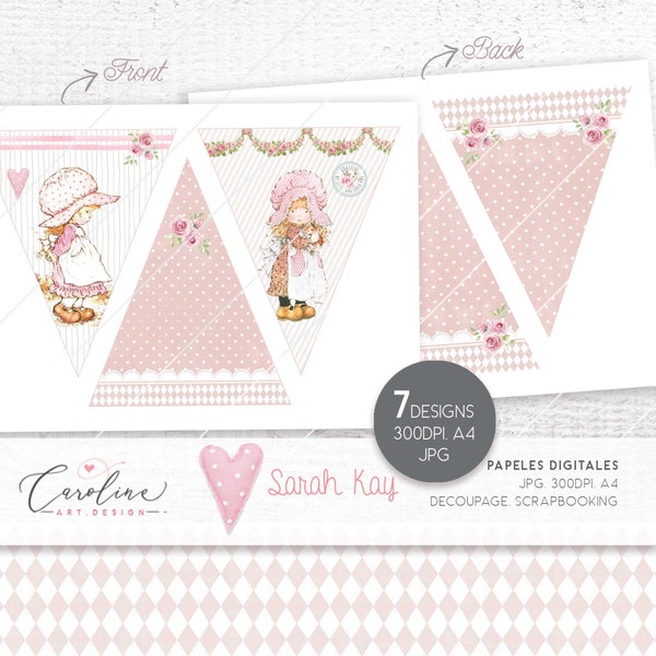 SARAH KAY buntings Nursery Digital Paper Shabby Chic Decoupage Pink Sweet Event Happy Birthday Bunting Decoración de la fiesta infantil