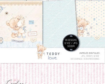 Digital paper, Sweet teddy, Shabby Chic, decoupage, scrapbooking, cards, souvenir, decoration, pastel color, watercolor, Romantic, baby