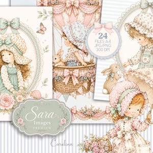May include: A set of digital art prints with vintage illustrations of children, rabbits, and hot air balloons. The artwork uses soft pastel colours with floral and lace details. The image text reads "Sara Images PREMIUM" and "24 FILES A4 JPG/PNG 300 DPI".