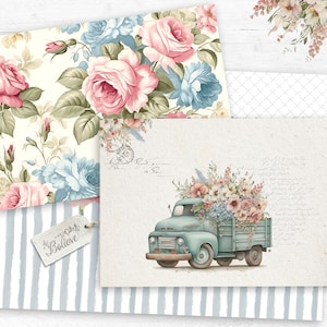 Peut inclure: Une collection de papiers et d'étiquettes sur le thème floral. Les papiers présentent des motifs de roses roses et bleues, un camion vintage rempli de fleurs et une étiquette avec le mot "Believe". La palette de couleurs comprend des pastels doux et une esthétique vintage.