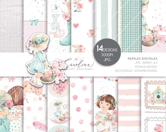 Digitalt papperspaket med shabby chic-flicka, scrapbooking (digital nedladdning)