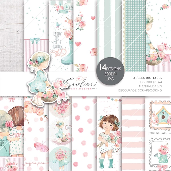 Sweet Girl Papier numérique pour filles, Shabby Chic, cadeaux pour découpage Scrapbooking, fleurs roses aquarelles, kit de décoration pour bébé, décoration de fête