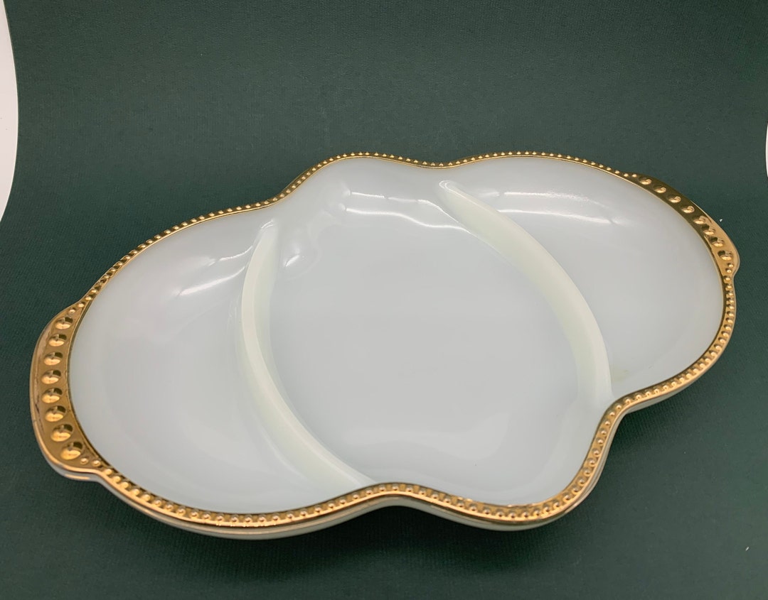 Vintage Fire King White Milk Glass Divided Dish Anchor Hocking Gold