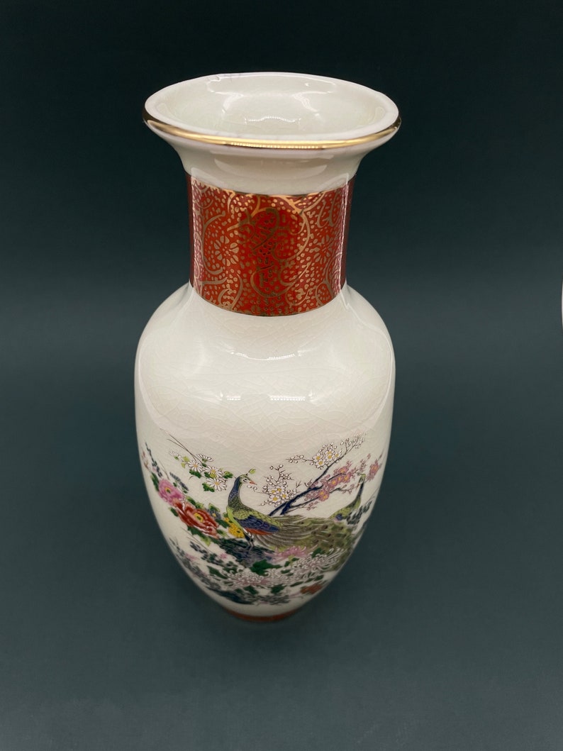 Vintage SATSUMA Japan Porcelain Vase Floral Peacock With Gold Etsy