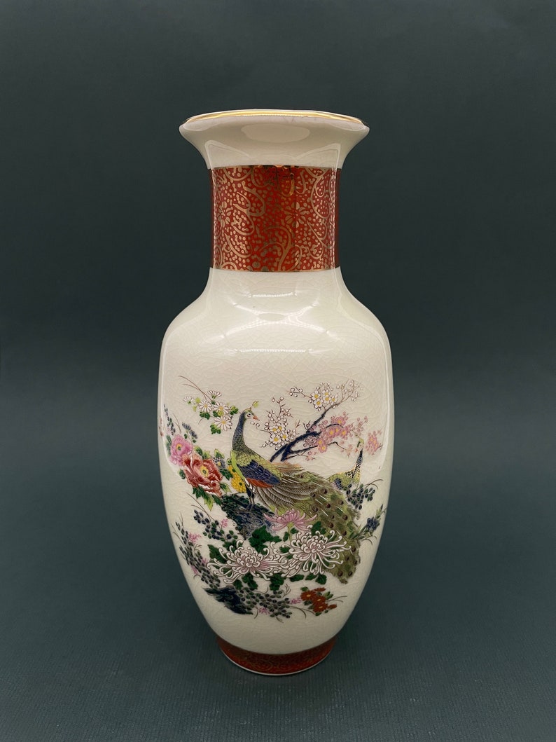 Vintage SATSUMA Japan Porcelain Vase Floral Peacock With Gold Etsy