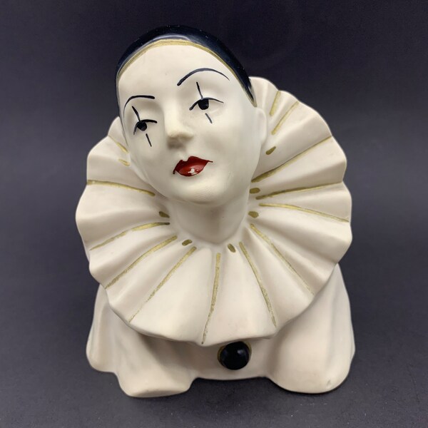 Vintage Black and White  Harlequim Clown Pierrot Sculpture / Antique Pierrot Head Figurine