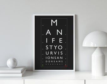 Ilustración de manifestación / Gráfico de Snellen / Imprimible en la oficina en casa / Motivacional / Póster / Cita inspiradora / Decoración minimalista de arte de pared
