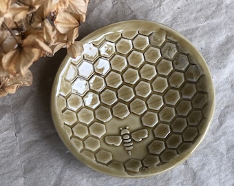 Ceramic Bee Bath, Ochre Honeycomb plate, little bowl, sauce or trinket dish, gift for gardener