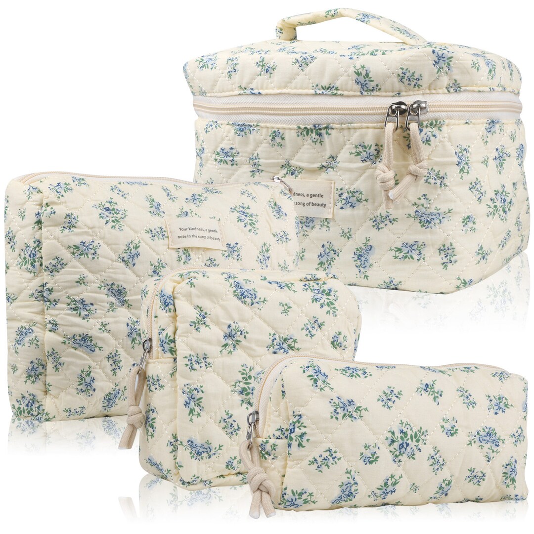 Custom Embroidered Chic Makeup Bag Set for Women 4 Pcs Elegant Quilted Floral Cosmetic Travel