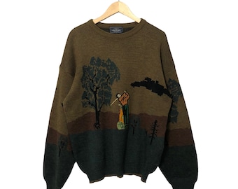 Vintage International BH Guaranteed Crewneck Embroidered Big Logo Knitwear Sweater Jumper Brown/Green Color