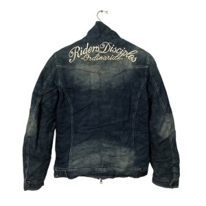 Vintage In The Attic Homme Spell Out Big Logo Zipper Ups Faded Multipocket Denim Jacket Blue Colour Size S