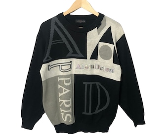 Vintage Alain Delon Paris Gesticktes Big Logo Strick Pullover Pullover Schwarz / Weiß