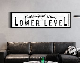 Lower Level Sign, Basement Sign, Lounge Decor, Movie Room Decor, Man Cave & Game Room Decor, Vintage Farmhouse Wall Art, Rustic Canvas Art