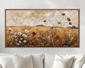 Wildflower Wall Art, Vintage Countryside Decor, Rustic Farmhouse Canvas Decor, Country Canvas Art, Floral Living Room Large Canvas Print