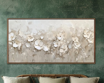 White Flowers Field Wall Art, Abstract Flowers Wall Decor, Vintage Floral Canvas Art, Botanical Living Room Canvas Print, Housewarming Gifts