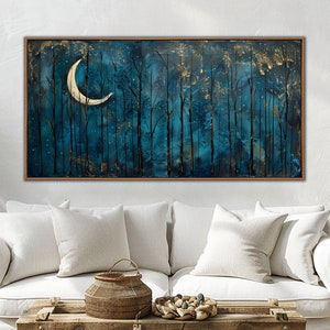 Dark Night Forest Wall Art, Dark Blue Sky & Moon And Stars Wall Decor, Moody Dark Academia Canvas Art, Vintage Celestial Large Canvas Print