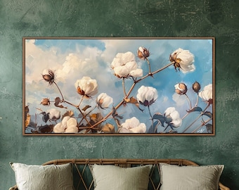 Cotton Field Framed Wall Art, Vintage Farmhouse Wall Decor, Wildflower Landscape Canvas Art, Nature Home Decor, Botanical Large Canvas Print