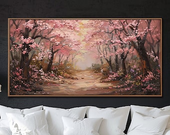 Cherry Blossom Forest Wall Art, Spring Cherry Blossom Trees Wall Decor, Vintage Farmhouse Canvas Art, Rustic Japanese Sakura Canvas Print
