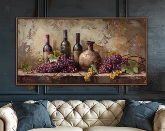 Arte abstracto de la pared de botellas de vino y uvas, decoración de cocina moderna, arte de lienzo de casa de vino vintage, impresión de lienzo de restaurante, regalos para amantes del vino
