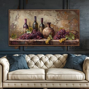 Abstract Wine Bottles And Grapes Wall Art, Modern Kitchen Decor, Vintage Wine House Canvas Art, Restaurant Canvas Print, Wine Lover Gifts