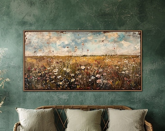 Countryside Wall Art, Vintage Wildflowers Wall Decor, Farmhouse Canvas Art, Country Landscape Large Canvas Print, Living Room Decor Gifts