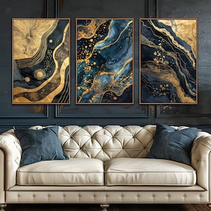 Abstract Blue Gold Wall Art, Abstract Living Room Set Of 3 Wall Decor, Bedroom Canvas Art, Modern Large Canvas Print, Minimalist Decor Gifts bild 1