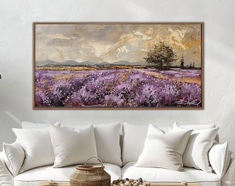 Purple Lavender Fields Wall Art, Modern Farmhouse Decor, Abstract Floral Landscape Sign, Vintage Nature Canvas Art, Countryside Canvas Print