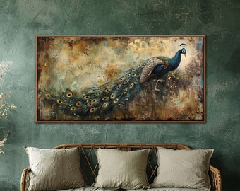 Abstract Peacock Wall Art, Vintage Peacock Wall Decor, Tropical Bird Home Decor, Farmhouse Canvas Art, Rustic Animal Large Canvas Print Gift