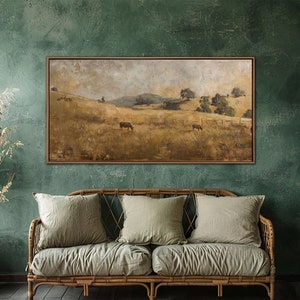 Country Landscape Wall Art, Brown Beige Meadow Wall Decor, Vintage Farmhouse Sign, Countryside Canvas Art, Living Room Large Canvas Print