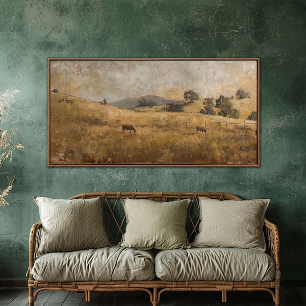 Country Landscape Wall Art, Brown Beige Meadow Wall Decor, Vintage Farmhouse Sign, Countryside Canvas Art, Living Room Large Canvas Print