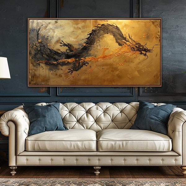 Art mural dragon chinois, décoration murale or noir, art vintage sur toile pour salon, décoration sur toile dragon fantastique, cadeau impression sur toile pour bureau moderne