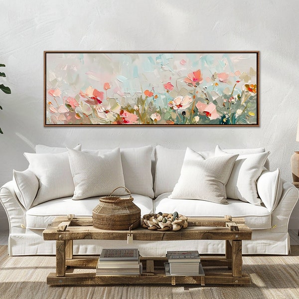 Wildflower Field Wall Art, Abstract Flowers Landscape Sign, Vintage Nature Wall Decor, Modern Farmhouse Canvas Art, Living Room Large Canvas