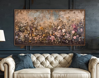 Flowers Field Wall Art, Vintage Floral Wall Decor, Modern Farmhouse Canvas Art, Rustic Wildflowers Large Canvas Decor, Housewarming Gifts