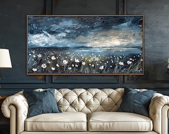 Countryside Wall Art, Vintage Wildflowers Wall Decor, Farmhouse Canvas Art, Country Landscape Large Canvas Print, Living Room Decor Gifts
