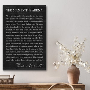 May include: Black and white inspirational quote by Theodore Roosevelt on a black background. The quote reads "It is not the critic who counts: not the man who points out how the strong man stumbles, or where the doer of deeds could have done them better. The credit belongs to the man who is actually in the arena, whose face is marred by dust and sweat and blood: who strives valiantly; who errs, who comes short again and again, because there is no effort without error and shortcoming: but who does actually strive to do the deeds; who knows great enthusiasms, the great devotions; who spends himself in a worthy cause; who at the best knows in the end the triumph of high achievement, and who at the worst, if he fails, at least fails while daring greatly, so that his place shall never be with those cold and timid souls who neither know victory nor defeat."