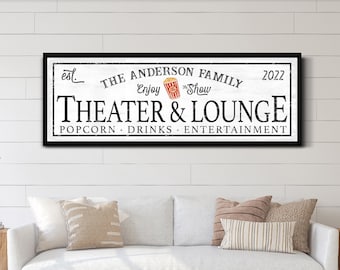 Personalized Theater & Lounge Sign, Custom Movie and Game Room Wall Decor, Family Name Sign, Vintage Basement Decor, Rustic Canvas Print